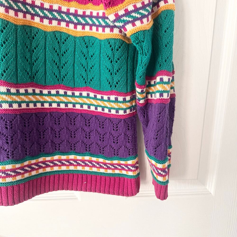 Studio Michelle Stuart USA Yellow Purple Pink Pointelle Stripe Sweater Small 80s - Picture 4 of 9
